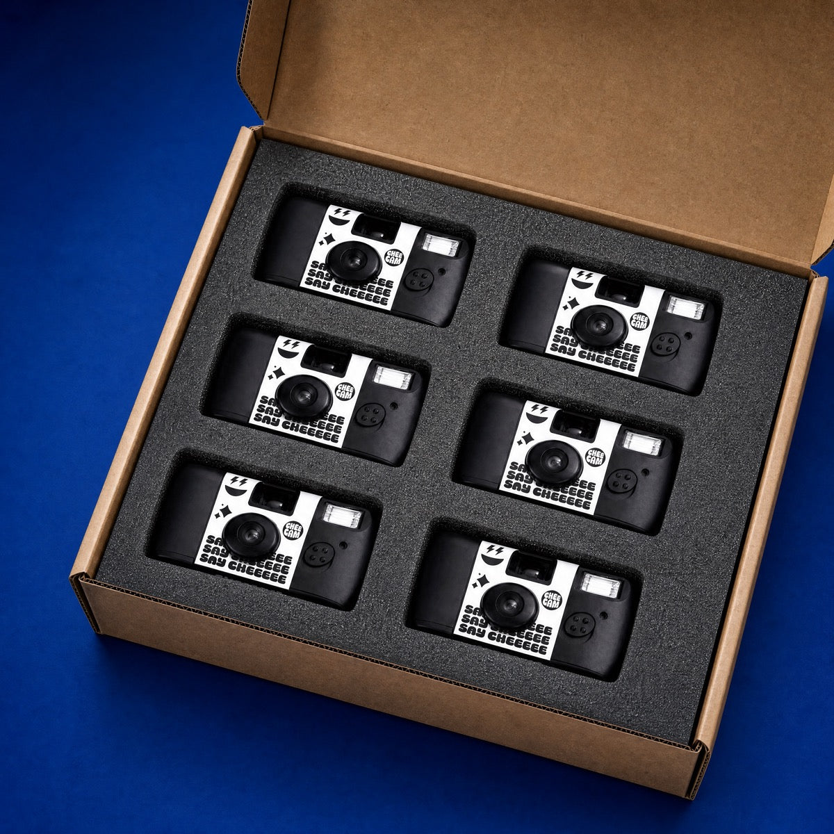 A Cheecam six-pack: six cameras packed in foam, ready to ship
